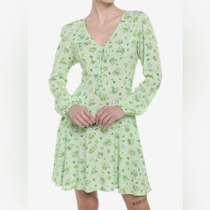 Keroppi Long Sleeve Dress Sanrio Frog Graphic Green Medium Cute Kawaii Novelty